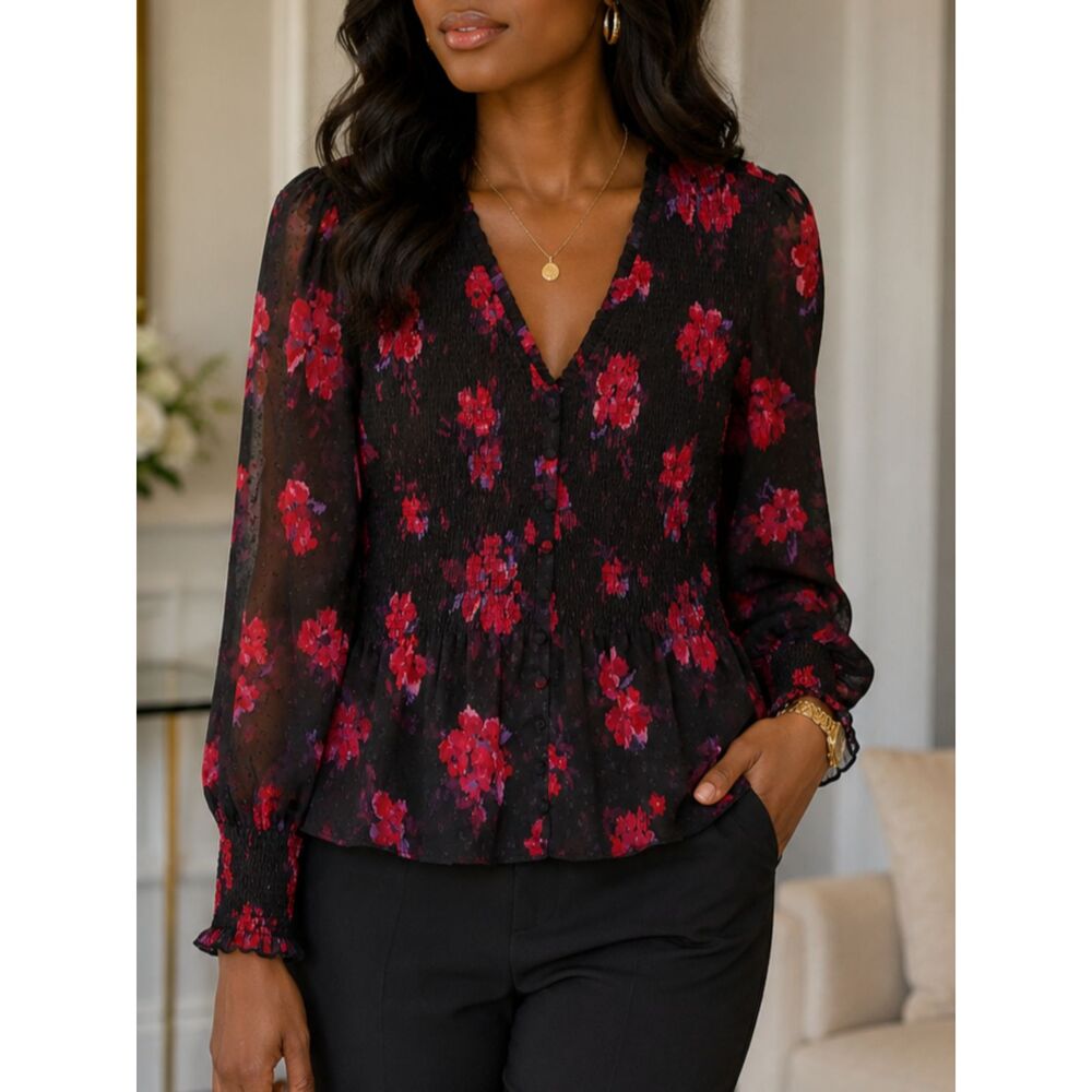 Laundry by Shelli Segal Floral Smocked Peplum Blouse Sheer Sleeve Medium Woman